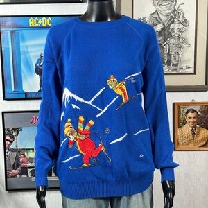 Vintage 80s Royal Blue Skiing Bear Sweater | Cyn Les Shirlee Designs | Size L